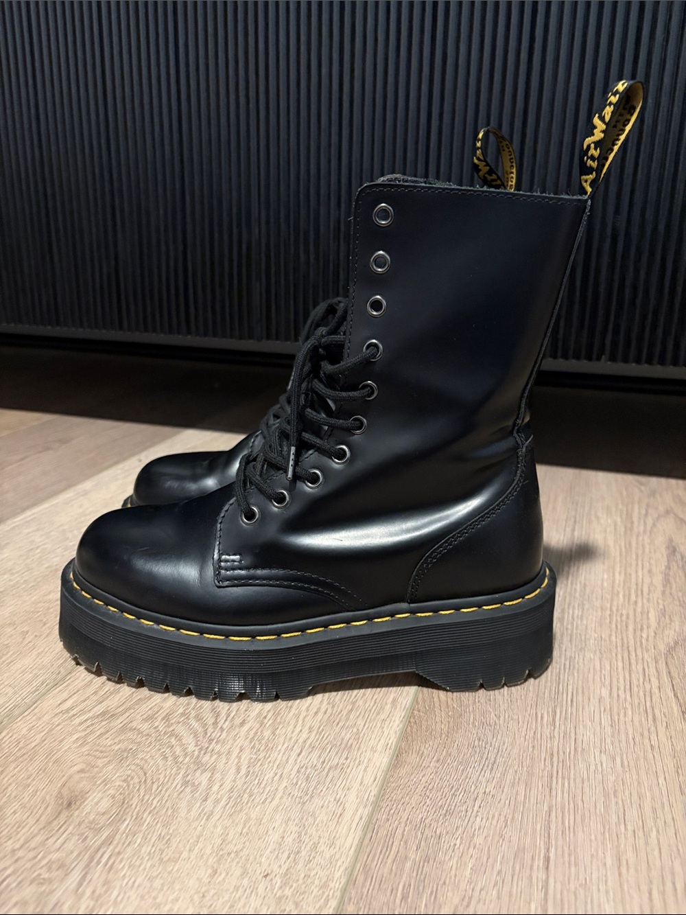 Dr. Martens Black Leather Platform Lace-Up Boots with Yellow Stitching - Picture 2 of 8